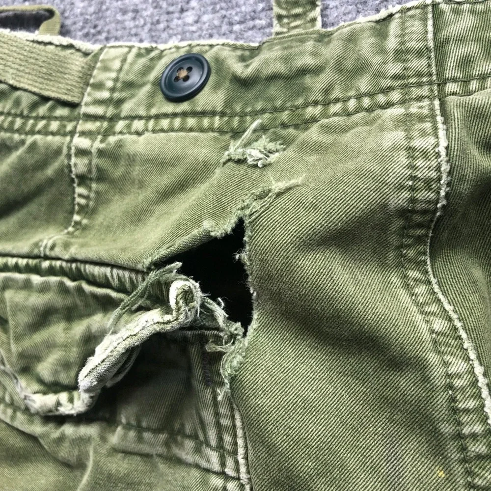 Vintage Distressed Olive Green Cargo Pants Mens Wide Leg Multi Pocket 36x27